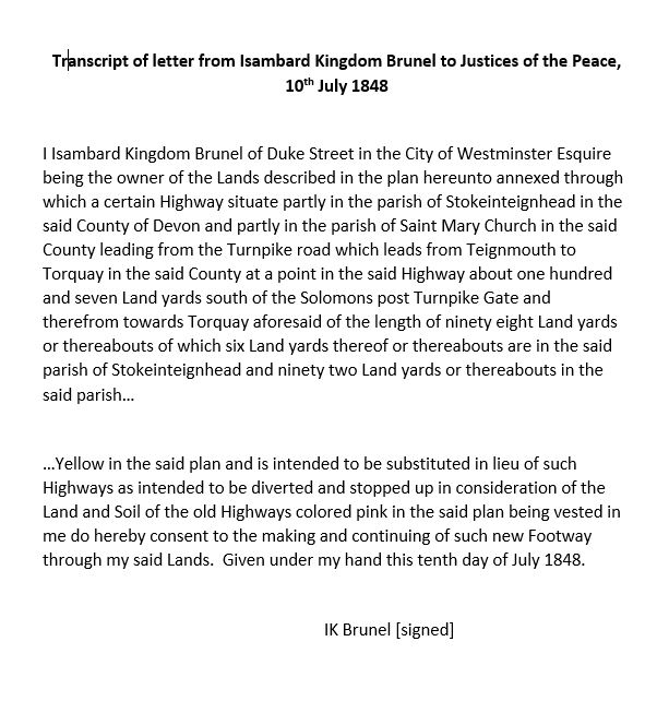 Transcript of letter from Isambard Kingdom Brunel about diverting a road, 1848. (Devon Heritage Centre: QS/113A/199/4)