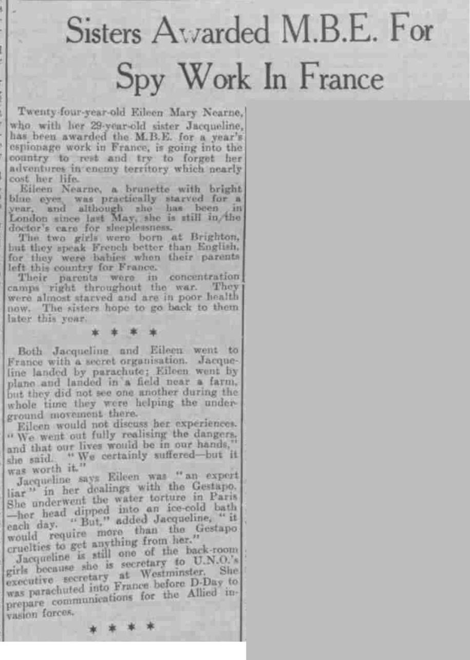 Article about her and her sister being spies.  Published in the Dundee Evening Telegraph, 21 February 1946.  Newspaper image © The British Library Board.  All rights reserved.  With thanks to The British Newspaper Archive (www.britishnewspaperarchive.co.uk).