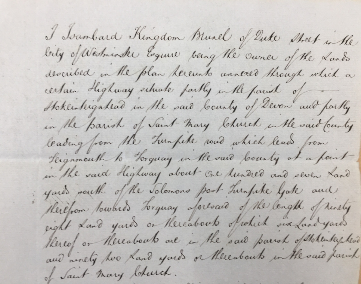 Letter from Brunel requesting the diversion of a road in connection with the building of his estate, 1848.  (Devon Heritage Centre: QS/113A/199/4) (https://devon-cat.swheritage.org.uk/records/QS/113A)