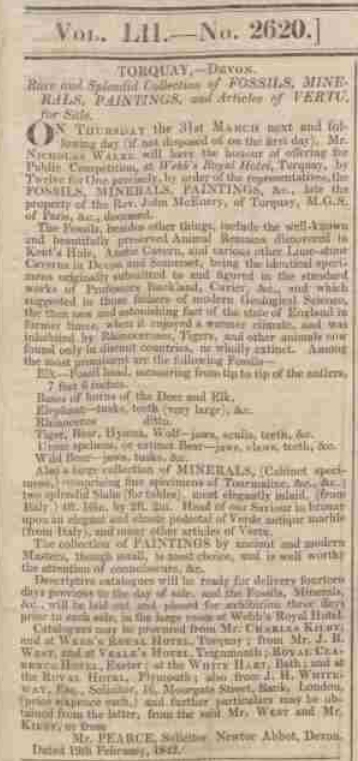 Article about selling the things in his house after his death.  He had collected lots of fossils.  Published in the Exeter and Plymouth Gazette, 26 March 1842.  Newspaper image © The British Library Board.  All rights reserved.  With thanks to The British Newspaper Archive (www.britishnewspaperarchive.co.uk).