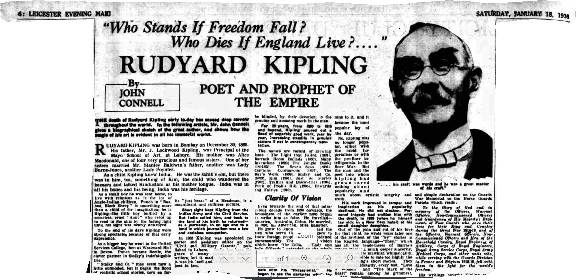 An obituary – a description of someone's life and work written after they die.  Published in the Leicester Evening Mail on 18 January 1936.  Reproduced by kind permission of Mirrorpix.