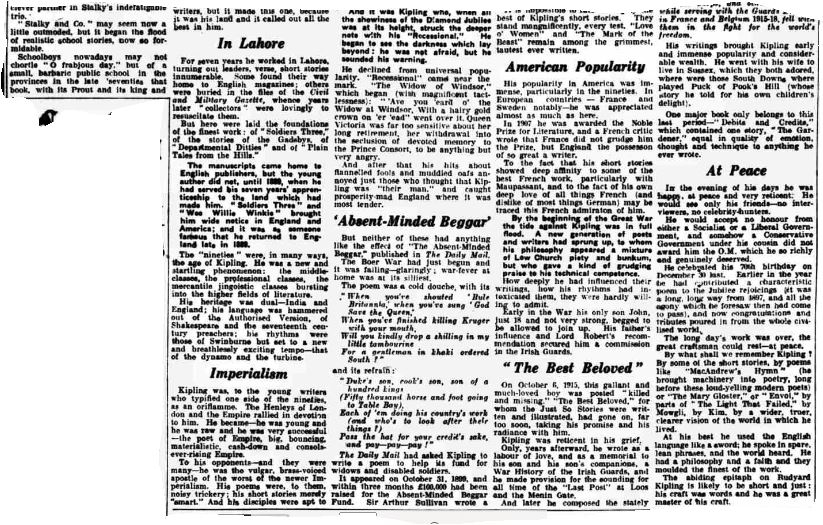 The second part of Kipling's obituary.  Published in the Leicester Evening Mail on 18 January 1936.  Reproduced by kind permission of Mirrorpix.