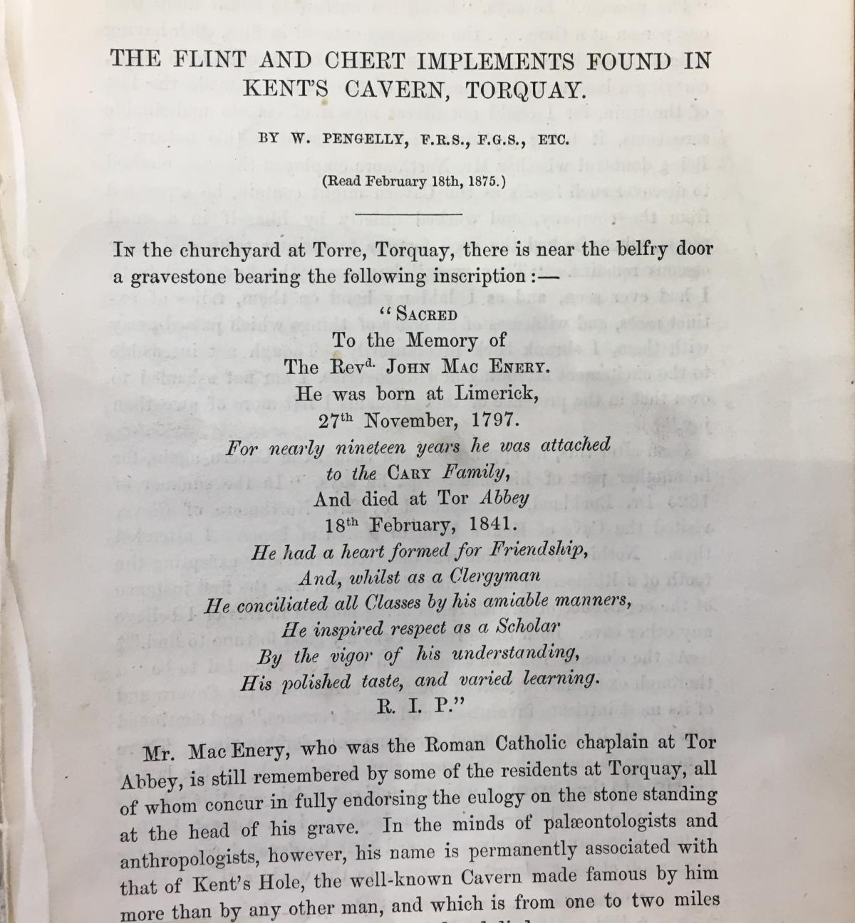 This is from a book written by William Pengelly.  It mentions some of the early discoveries at Kent's Cavern, 1875.  (Devon Heritage Centre: Westcountry Studies Library)