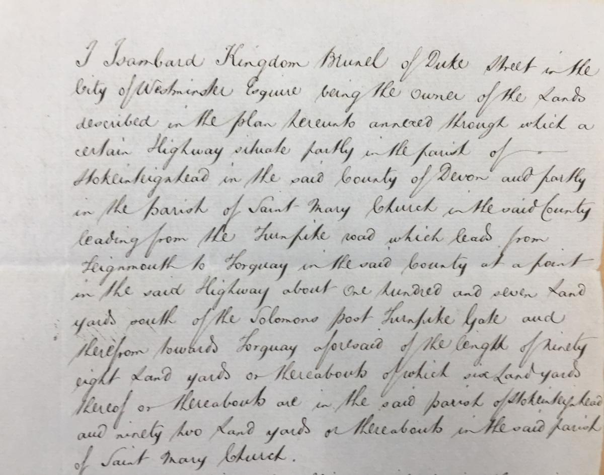 Letter from Brunel requesting the diversion of a road in connection with the building of his estate, 1848.  (Devon Heritage Centre: QS/113A/199/4) (https://devon-cat.swheritage.org.uk/records/QS/113A)