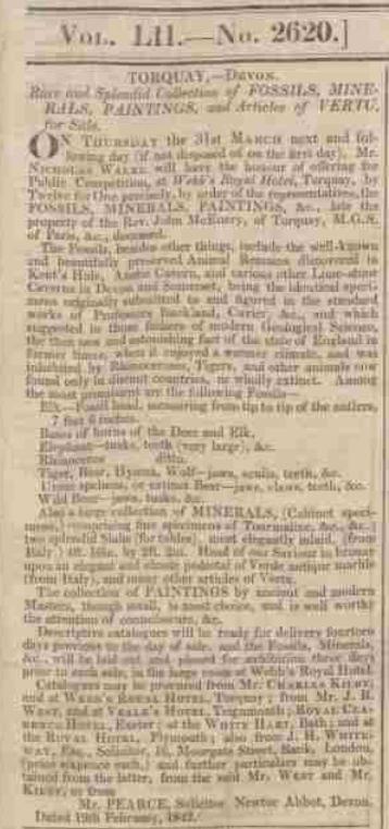 Article about selling the things in his house after his death.  He had collected lots of fossils.  Published in the Exeter and Plymouth Gazette, 26 March 1842.  Newspaper image © The British Library Board.  All rights reserved.  With thanks to The British Newspaper Archive (www.britishnewspaperarchive.co.uk).