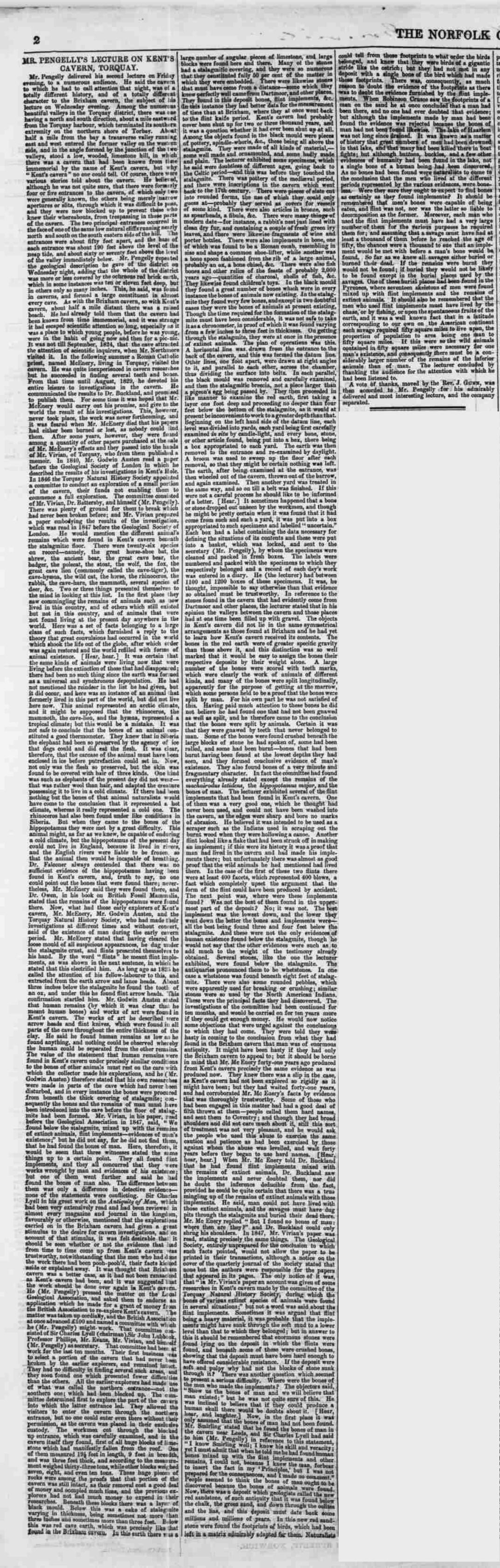 Article explaining Pengelly had given a talk about McEnery and how important his work at Kent's Cavern had been (first few paragraphs).  Published in the Norfolk Chronicle, 3 February 1866.  Newspaper image © The British Library Board.  All rights reserved.  With thanks to The British Newspaper Archive (www.britishnewspaperarchive.co.uk).