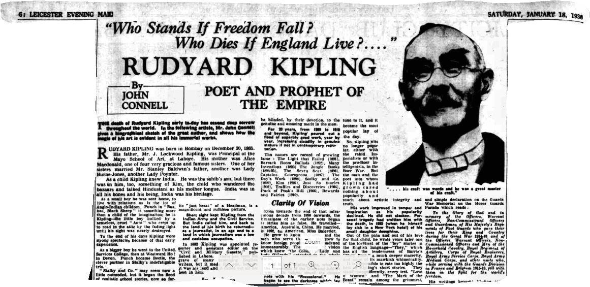 An obituary – a description of someone's life and work written after they die.  Published in the Leicester Evening Mail on 18 January 1936.  Reproduced by kind permission of Mirrorpix.