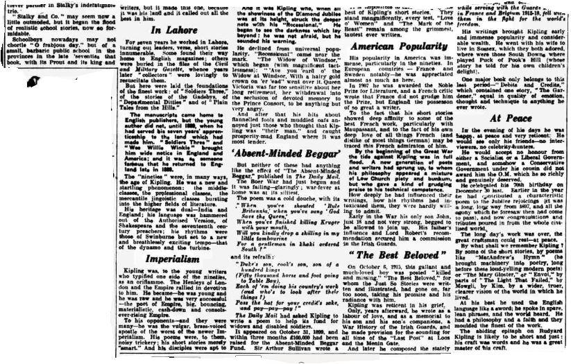 The second part of Kipling's obituary.  Published in the Leicester Evening Mail on 18 January 1936.  Reproduced by kind permission of Mirrorpix.