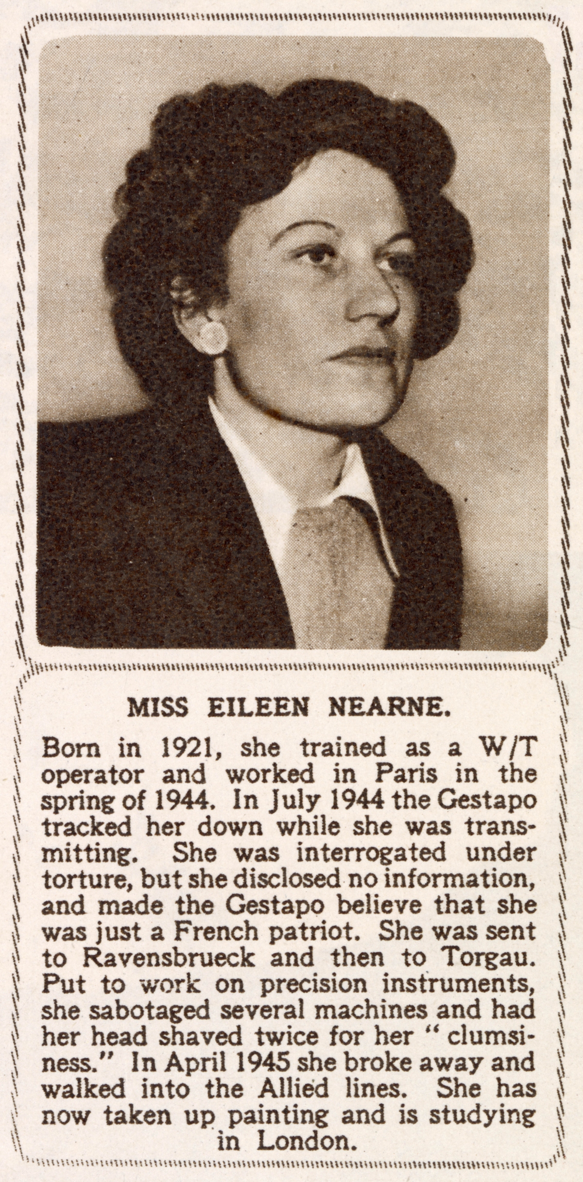 Article about Eileen Nearne and her sister after the war.  Published in the Illustrated London News on 22 May 1948.  © Illustrated London News Ltd/Mary Evans