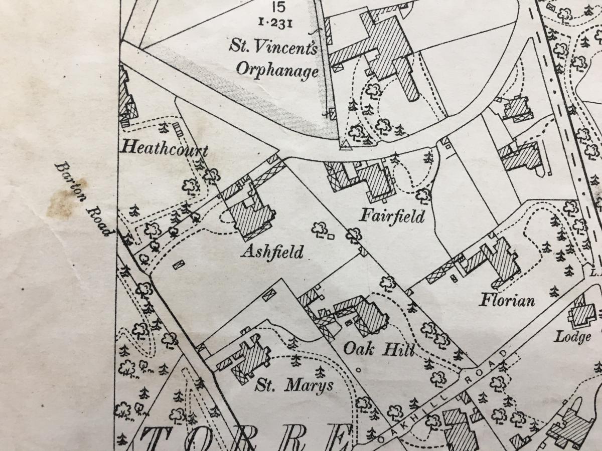 Agatha Christie's childhood home, Ashfield, on an Ordnance Survey map, 1906.  It was knocked down and there are now flats there.  (Devon Heritage Centre)