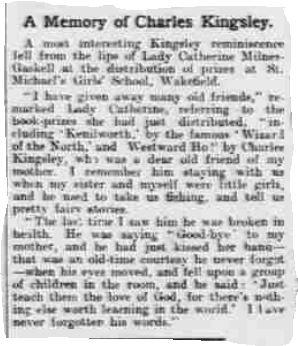 Article about Charles Kingsley with quotes from a family friend.  Published in the Beds Advertiser and Luton Times 28 December 1906.  Newspaper image © The British Library Board.  All rights reserved.  With thanks to The British Newspaper Archive (www.britishnewspaperarchive.co.uk).