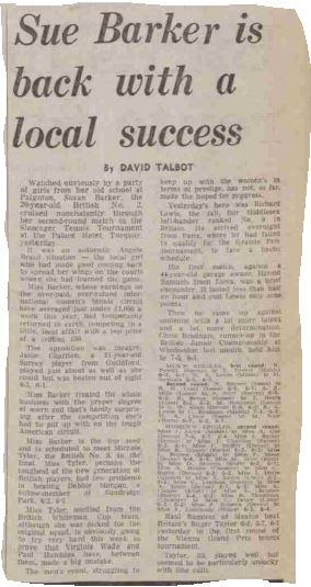 Article about Sue Barker returning to the Palace Hotel to play tennis after she had become very successful.  The article is not kind about her, so can you think of any reason why this journalist might have been mean?  This shows us that sometimes newspaper articles can be biased.  Published in the Birmingham Daily Post, 27 October 1976.  Reproduced by kind permission of Mirrorpix.