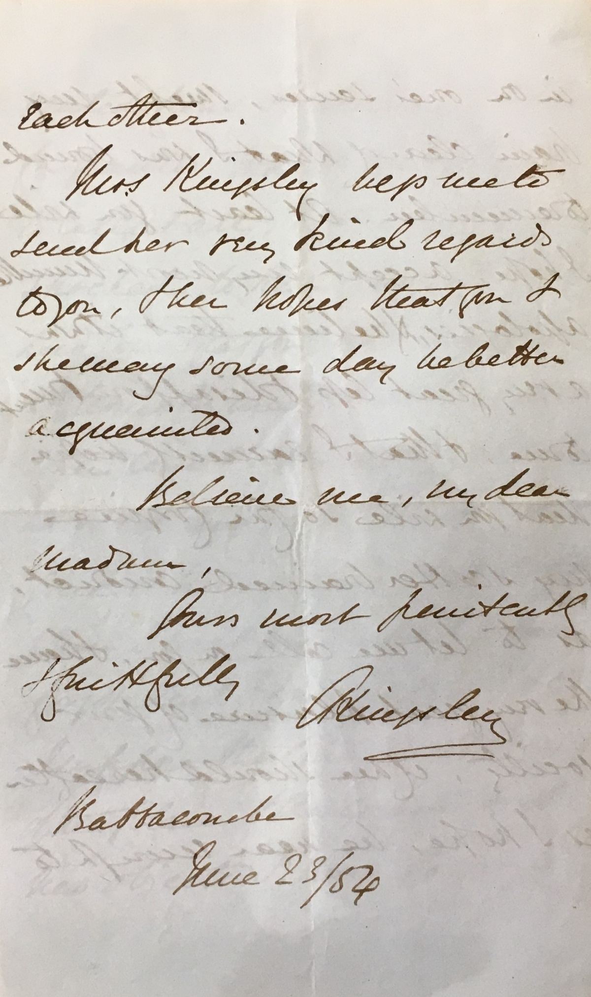 Letter from Charles Kingsley at Babbacombe, 23rd June 1854.  (Devon Heritage Centre: 53/10/7)