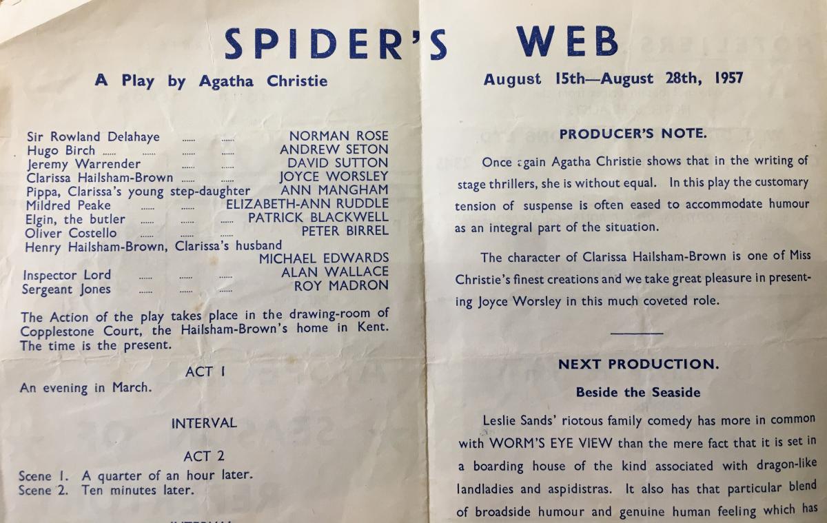 Programme for production of 'Spider's Web', August 1957. This was a play written by Agatha Christie. (Devon Heritage Centre: 6613Z/Z/35) (https://devon-cat.swheritage.org.uk/records/6613Z/Z/35)
