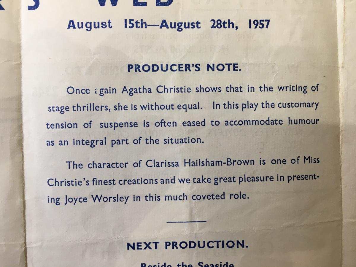 Producer's note about production of 'Spider's Web', 1957.  Agatha Christie wrote the play, and the producer was very flattering about her work.  (Devon Heritage Centre: 6613Z/Z/35)