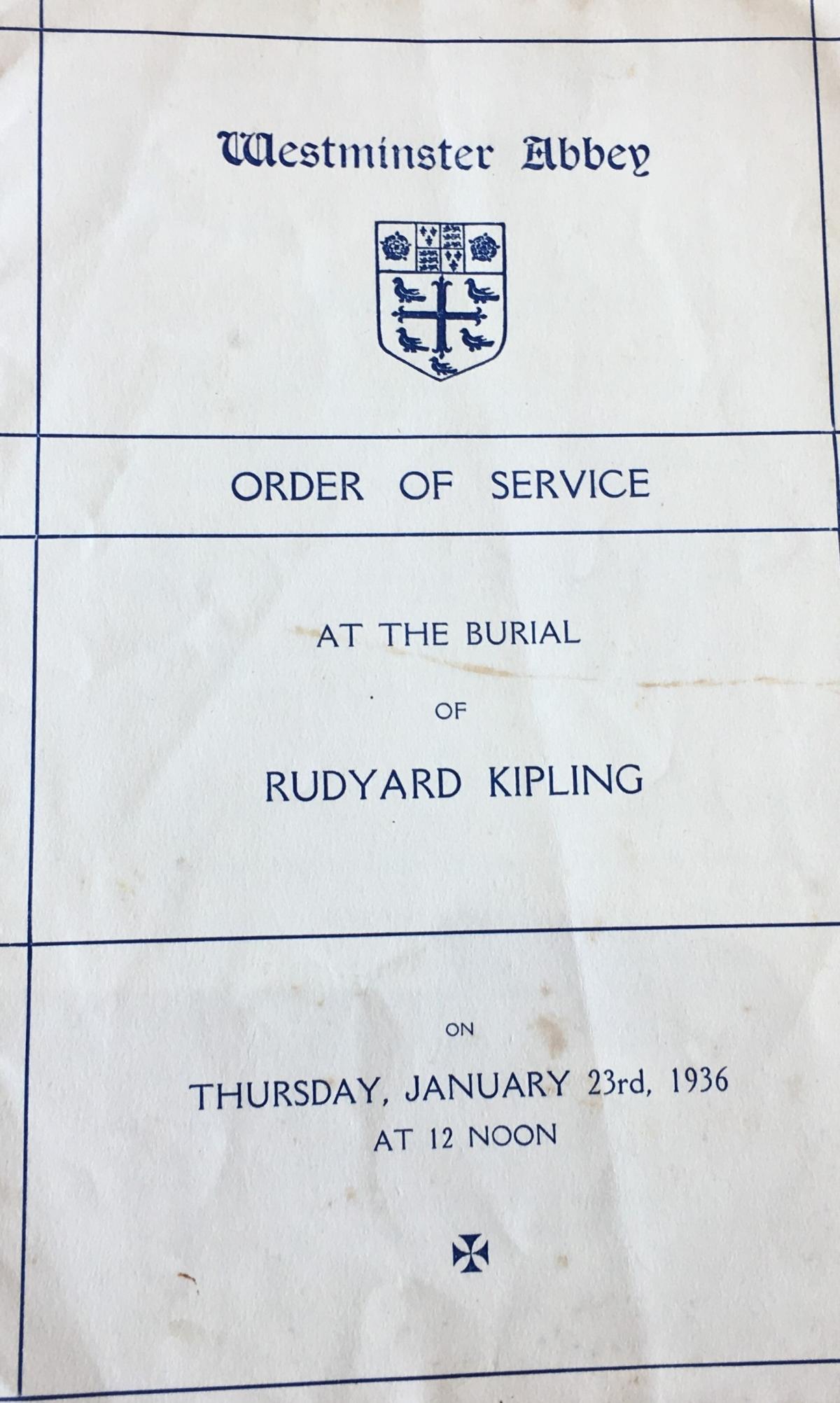 Order of service for Rudyard Kipling's funeral, 1936.  Only the most famous and important people are allowed to be buried in Westminster Abbey.  (Devon Heritage Centre: 1529M/Z2) (https://devon-cat.swheritage.org.uk/records/1529M/Z/2)