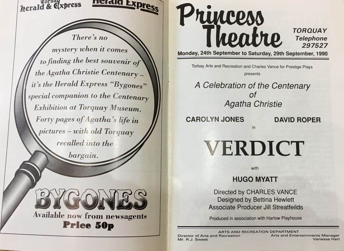 Programme for production of 'Verdict', Princess Theatre, Torquay, September 1990. Agatha Christie wrote this play, and the programme tells you all about the play and the actors in it. (Devon Heritage Centre: 6613Z/Z/2/13) (https://devon-cat.swheritage.org.uk/records/6675Z/Z/2/13)