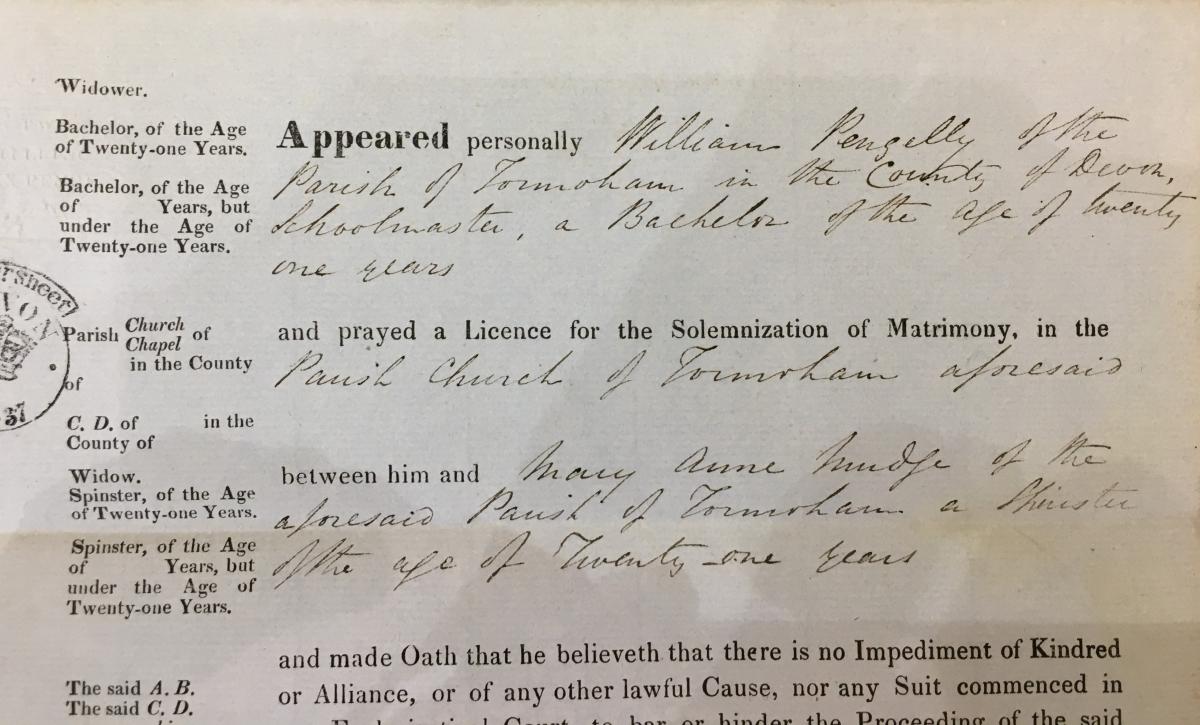 Bond relating to the marriage of William Pengelly and Mary Anne Mudge, 1838.  (Devon Heritage Centre: DEX/7/b/1/1838/268) (https://devon-cat.swheritage.org.uk/records/DEX/7/b/1/1838/268)