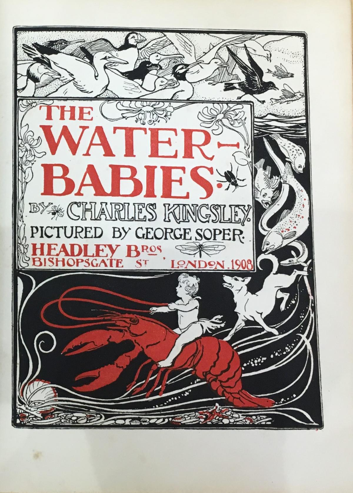 Another famous book Charles Kingsley wrote, called The Water Babies.  It was originally published in 1863.  This is the inside cover image.  (Devon Heritage Centre: West Country Studies Library)