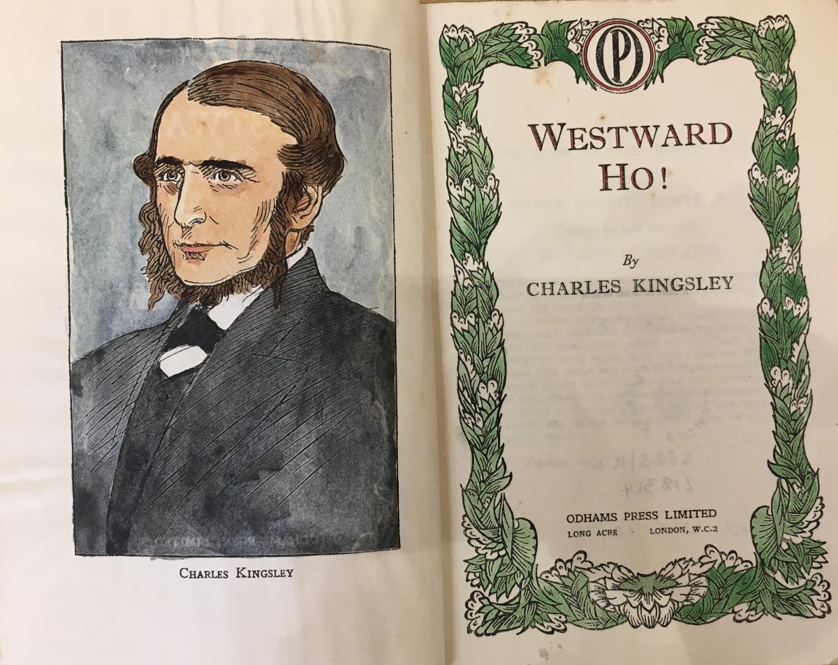 The inside cover of Westward Ho!, a famous book Charles Kingsley wrote in 1855.  It even includes a picture of the author inside the front cover. (Devon Heritage Centre: West Country Studies Library)