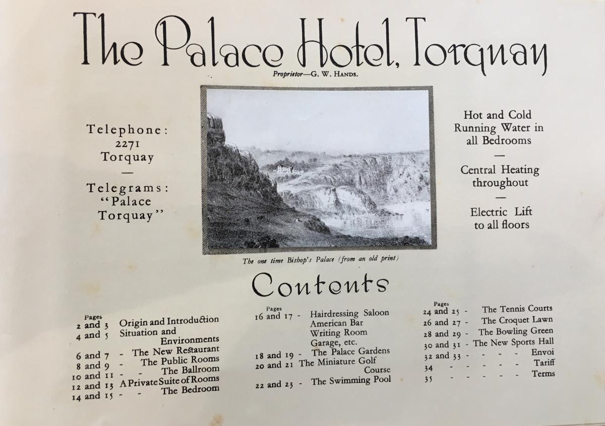 An advert for The Palace Hotel, Torquay.  This is where Sue Barker learned to play tennis, the hotel let her practice for free after school.  (Devon Heritage Centre: 6354Z/Z/1) (https://devon-cat.swheritage.org.uk/records/6354Z/Z/1)
