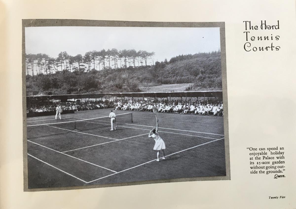 A very early photo of the tennis courts at The Palace Hotel. This was probably the actual tennis court that Sue Barker learned to play on, many years after this photograph was taken.  (Devon Heritage Centre: 6354Z/Z/1)