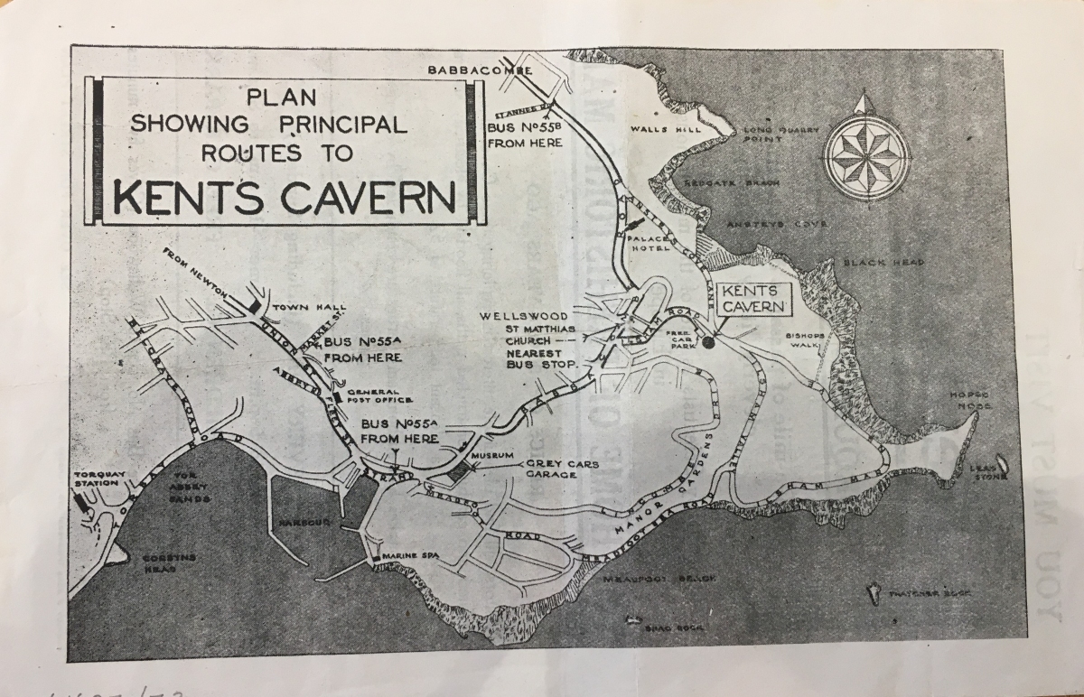 How to get to Kent's Cavern, 1950s. This is the back of the last leaflet, and shows tourists how to get to Kent's Cavern.  (Devon Heritage Centre: 6169Z/Z/3)