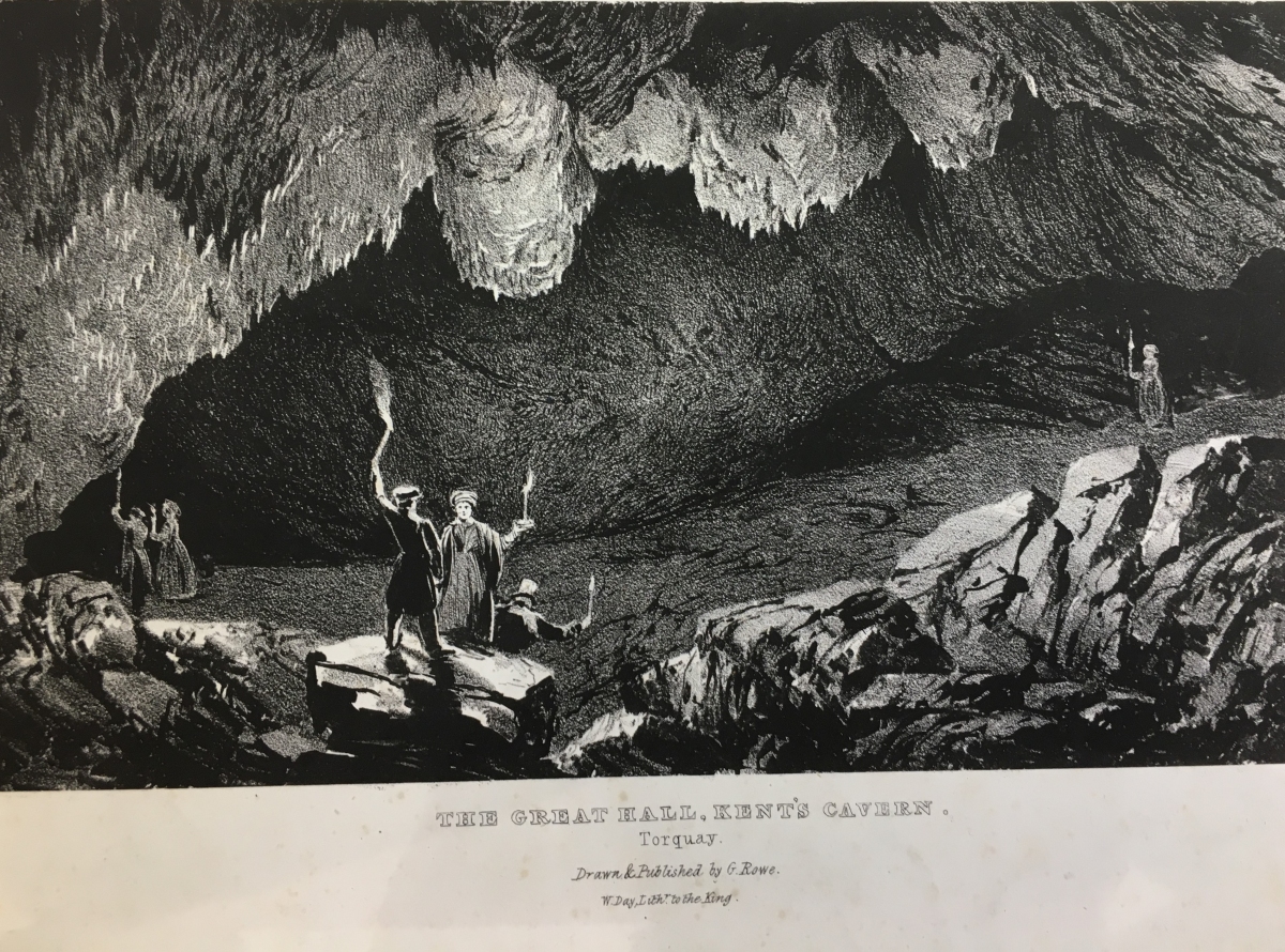 This is a drawing showing the Great Hall of Kent's Cavern, 1835.  At the time, there was no electric lighting down there, so people had to carry candles.  (Devon Heritage Centre: Westcountry Studies Library)