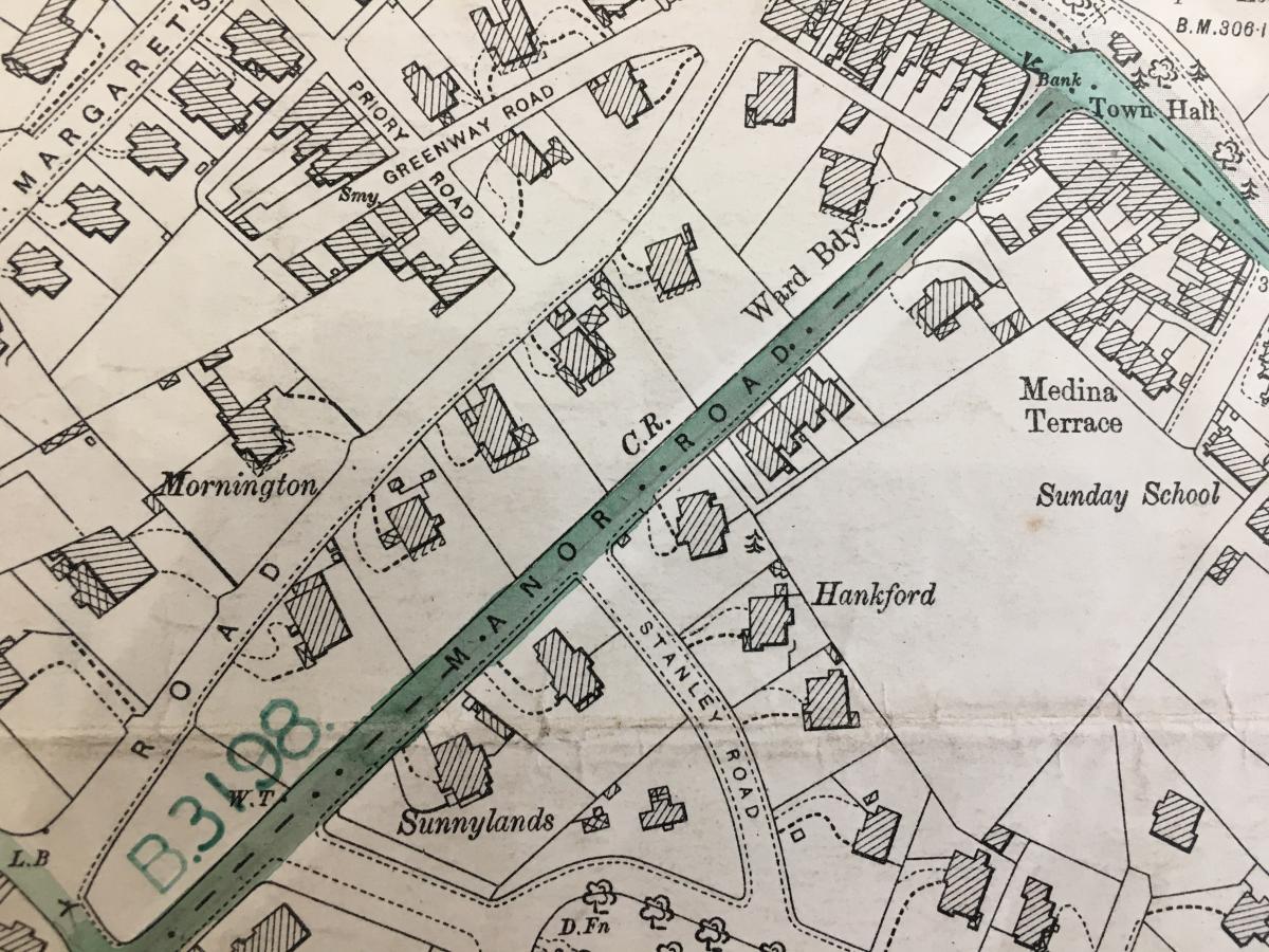Ordnance Survey map showing the location of Henry Gosse's house, Sandhurst, in Manor Road, St. Marychurch.  (Devon Heritage Centre)