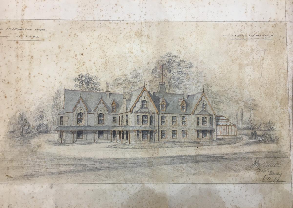 Artist's drawing of the proposed mansion to be built on the Watcombe estate in the 1870s.  (Devon Heritage Centre: WAT)