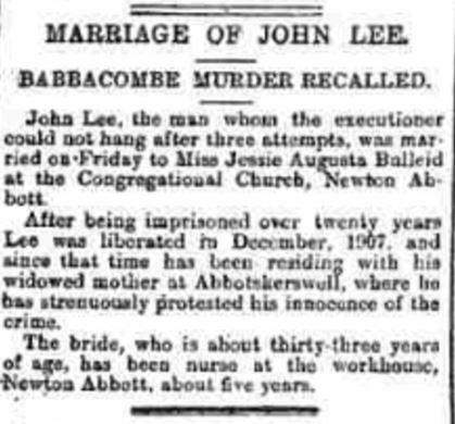 Marriage notice of John Lee.  Published in the Western Chronicle, 29 January 1909.  Newspaper image © The British Library Board.  All rights reserved.  With thanks to The British Newspaper Archive (www.britishnewspaperarchive.co.uk).