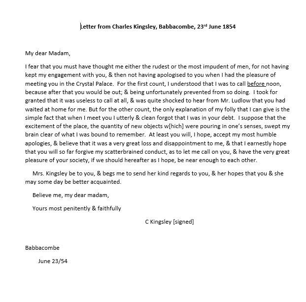 Transcript of letter from Charles Kingsley