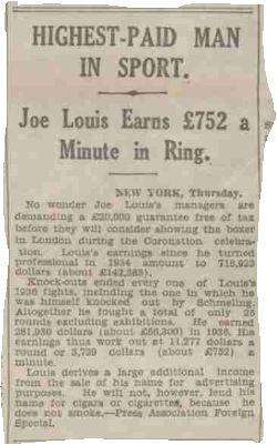Article from the Leeds Mercury, 8 January 1937, identifying Joe Louis as the highest paid man in sport.  Reproduced by kind permission of South West News Service.