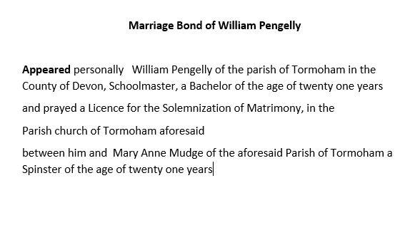 Transcript of William Pengelly's marriage bond.  (Devon Heritage Centre: DEX/7/b/1/1838/268)