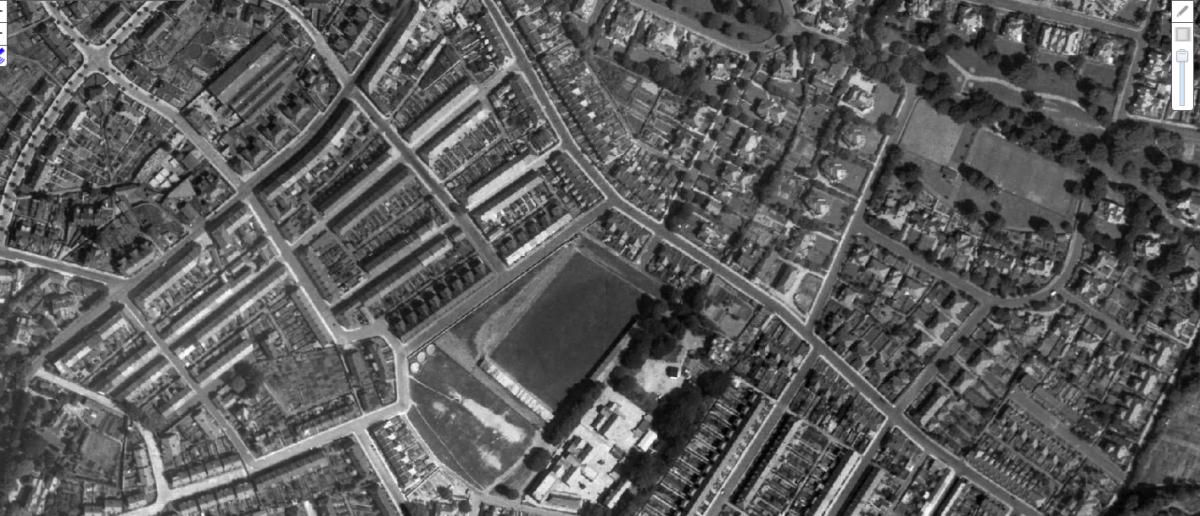 Torquay United Football Club's Plainmoor ground from the air, 1946.  Joe Louis fought there in 1944.  (Know Your Place: http://www.kypwest.org.uk/)