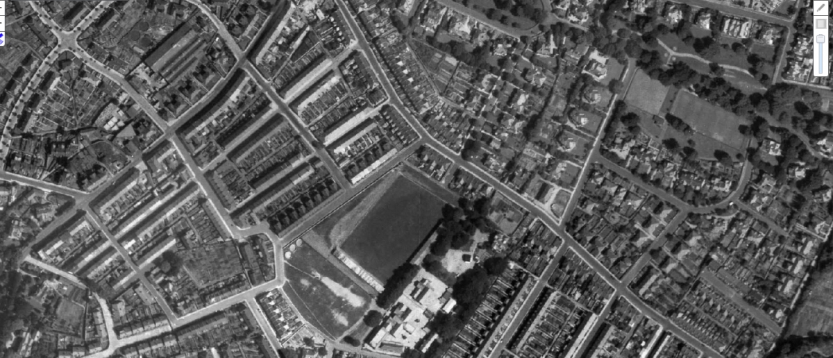 Torquay United Football Club's Plainmoor ground from the air, 1946.  Joe Louis fought there in 1944.  (Know Your Place: http://www.kypwest.org.uk/)
