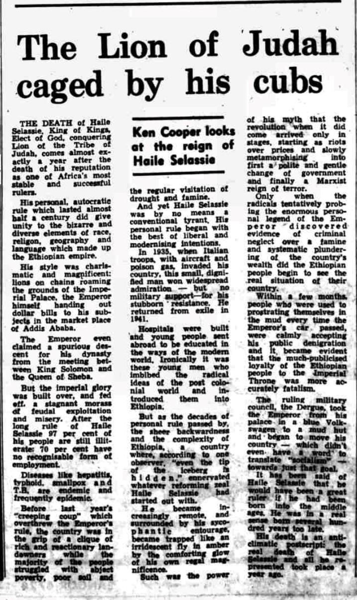 Article printed in the Belfast Telegraph in 1975, after Haile Selassie's death.  It describes his life.  © Belfast Telegraph