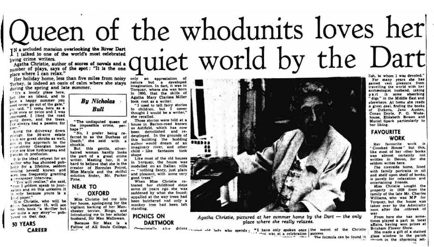 This is a long interview with Agatha Christie, to celebrate her 80th Birthday.  She describes her life and work and her time living in Devon and Torquay specifically.  Published in the Torbay Express and South Devon Echo, 4 September 1970.  Reproduced by kind permission of Mirrorpix.