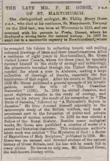 An obituary -  a document that describes someone's life, written after they die.  Published in the Western Times, 28 August 1888.  Newspaper image © The British Library Board.  All rights reserved.  With thanks to The British Newspaper Archive (www.britishnewspaperarchive.co.uk).