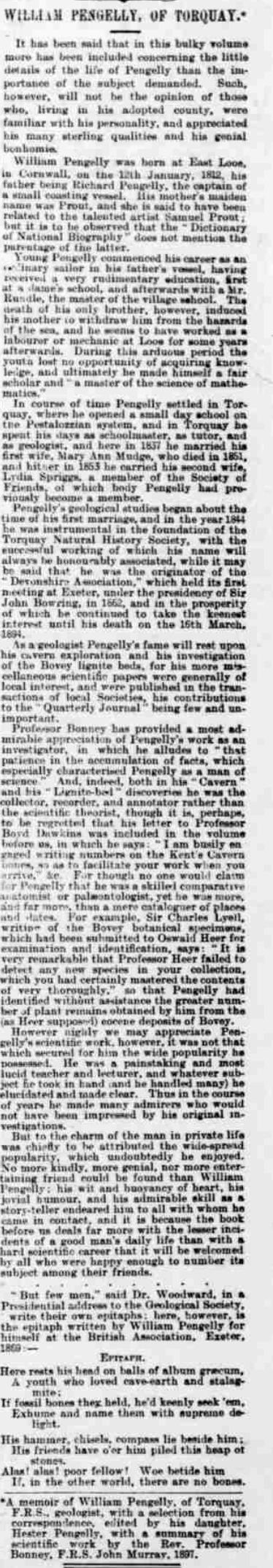 Article describing Pengelly's life and work, from the Devon and Exeter Gazette, 16 November 1897.  Newspaper image © The British Library Board.  All rights reserved. With thanks to The British Newspaper Archive (www.britishnewspaperarchive.co.uk).