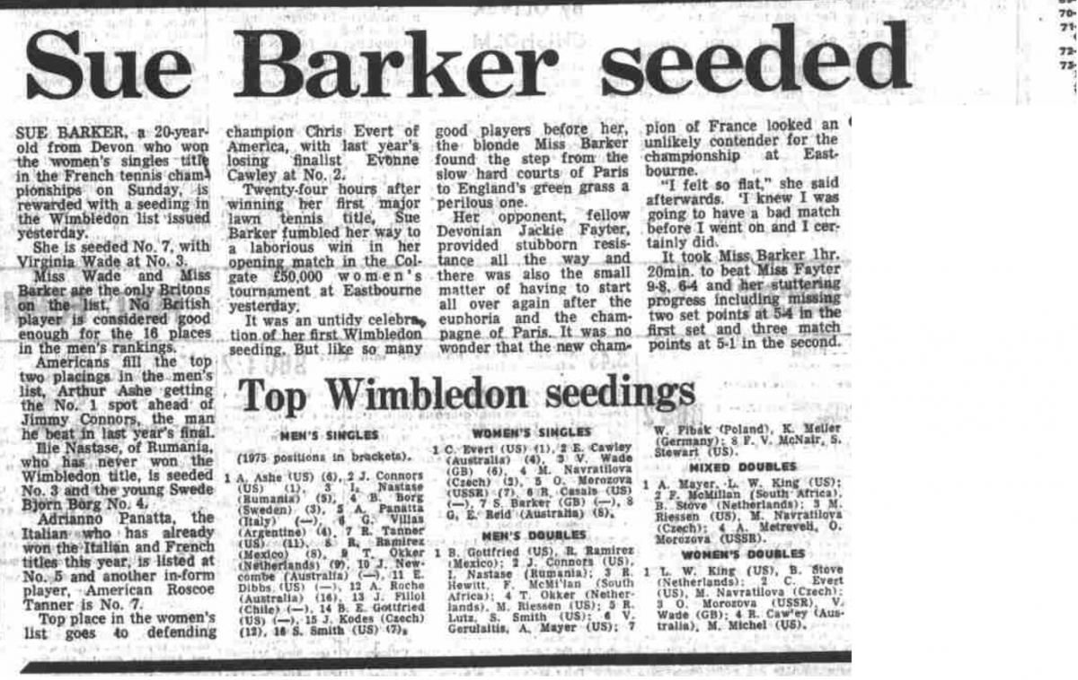 Article about Barker playing Tennis at Wimbledon.  Published in the Aberdeen Press and Journal, 15 June 1976.  Reproduced by permission from DC Thomson and Co Ltd and The British Newspaper Archive (www.britishnewspaperarchive.co.uk).